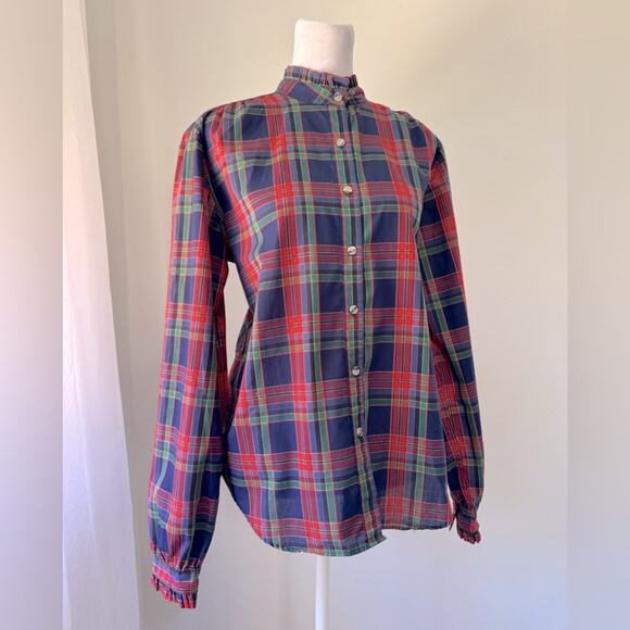 Vintage ‘80s Essentials Plaid Ruffled Half Collar Long Sleeve Button Down Blouse - Picture 3 of 6